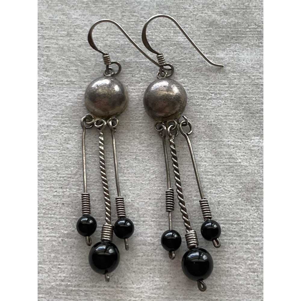 Southwest-style sterling silver dangle Earrings Black Onyx Beads 925 Vintage